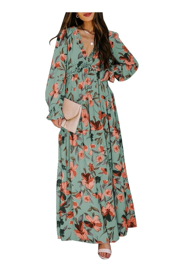 Women's Green Bridesmaid Maxi Dresses Fashion Floral Printed Long Sleeve Guests Dresses Spring Dress Fall Dress Easter Dress for Women, US 16-18(XL)