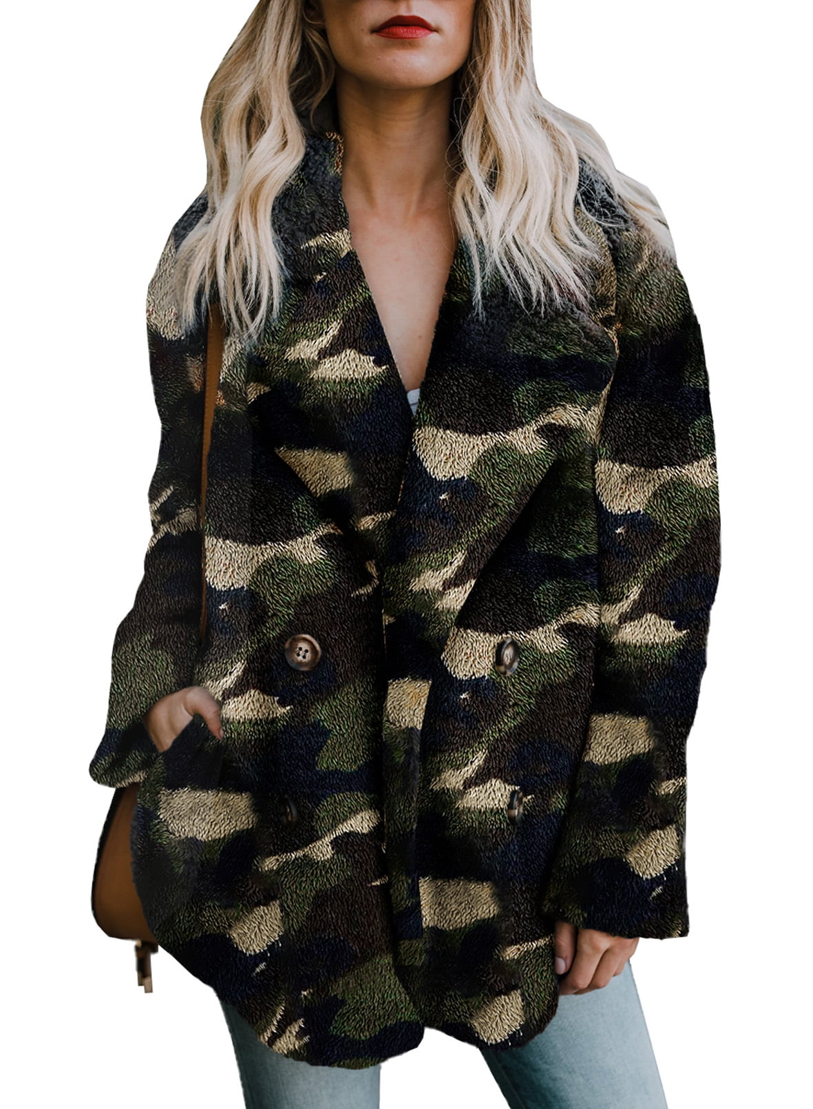 Dokotoo Women's Green Camouflage Fleece Fluffy Coat Winter Warm Jacket