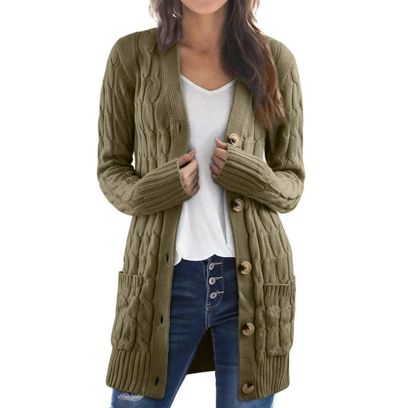 DOKOTOO Women's Green Chunky Cable Knitted Cardigans Ladies Long Sleeve Button Down Coat Size XX-Large US 18-20