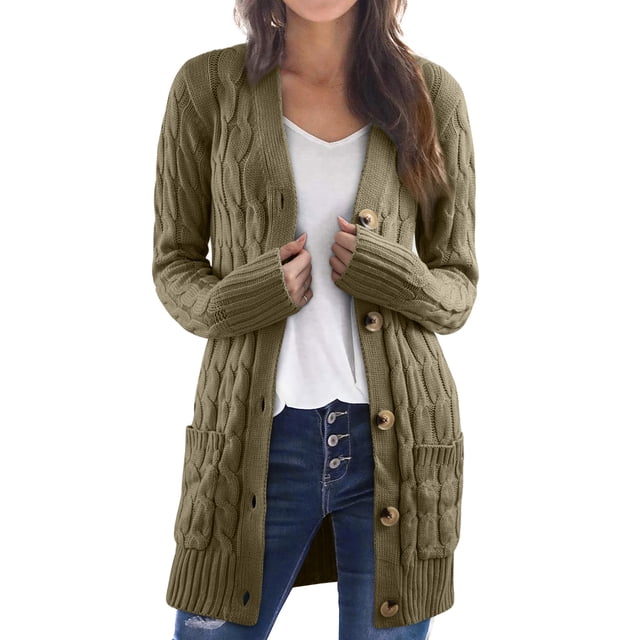DOKOTOO Women's Green Chunky Cable Knitted Cardigans Ladies Long Sleeve Button Down Coat Size XX-Large US 18-20