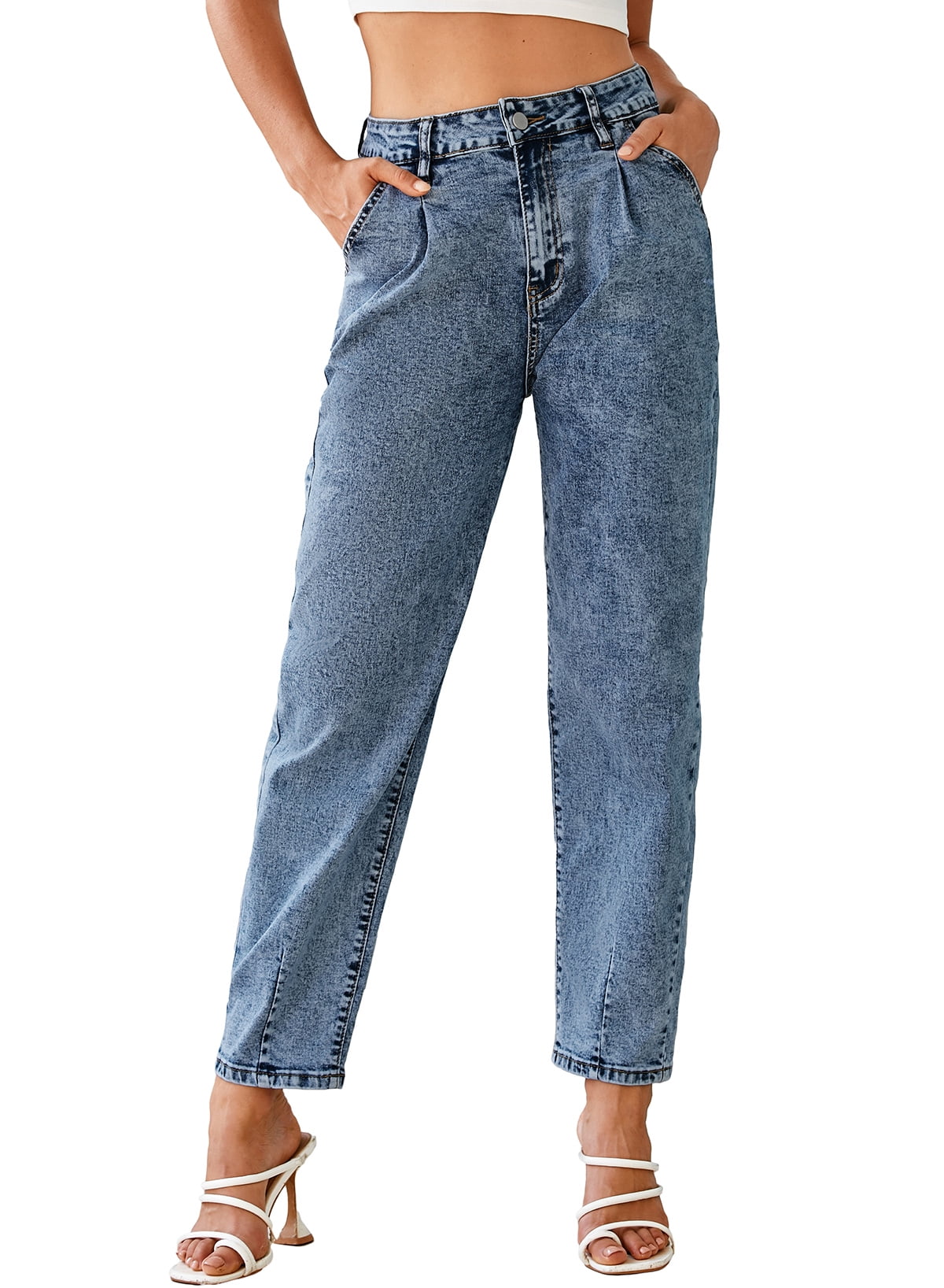 Akivide Women's High Waist Baggy Straight Leg Jeans - Boyfriend Fit, Button Fly, Roll Hem Denim Pants - View #3
