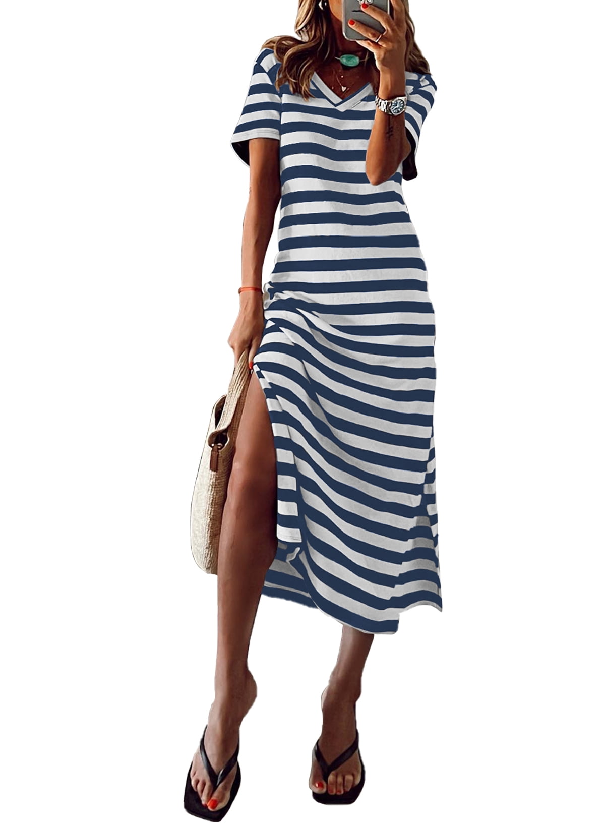 Dokotoo Women's Stretchy Midi Dress, V Neck, Short Sleeve, Striped