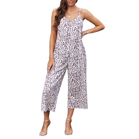 Dokotoo Women's Pink Jumpsuits Sleeveless Adjustable Strap Leopard Long Romper with Pockets Size Small US 4-6