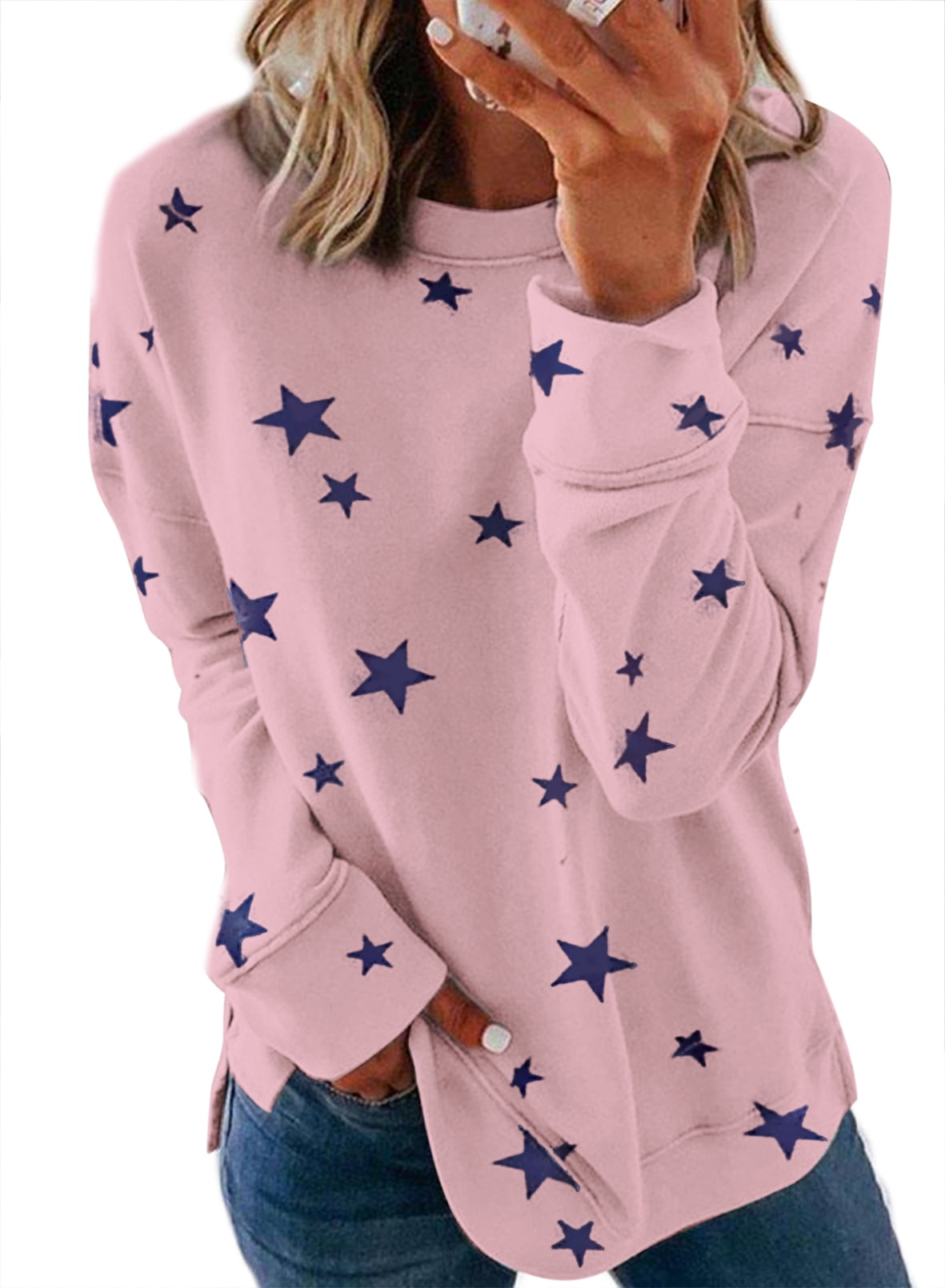 Dokotoo Women's Pink Side Split Shirts Long Sleeve Star Printed Sweatshirt Casual Pullover Tops