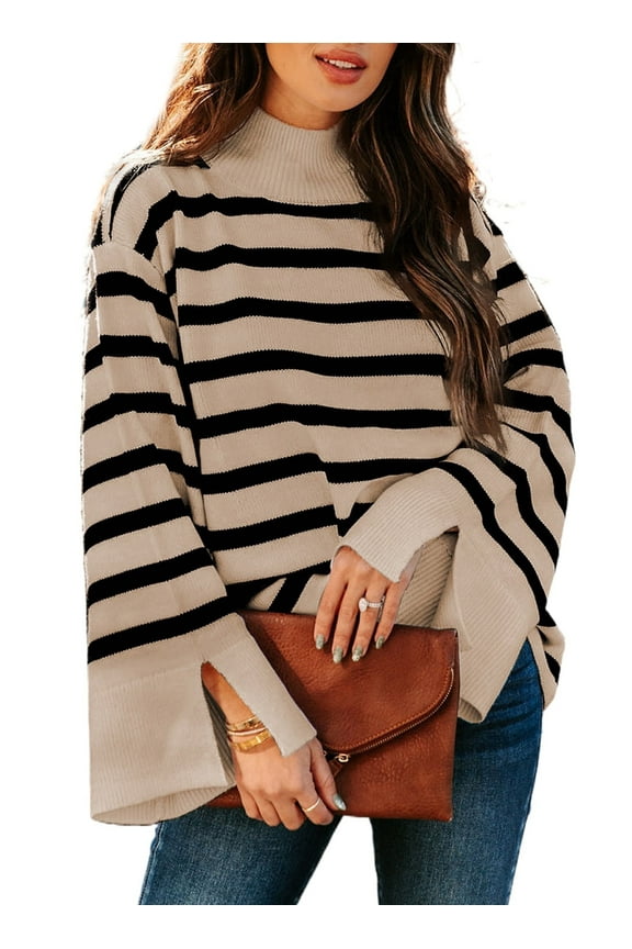 Women's Pullover Sweaters Bell Sleeves Split Cuffs Casual Fall Sweater Fashion Mock Neck Slouchy Striped Winter Sweaters Trendy Baggy Ribbed Chunky Jumpers Size Medium US8-10