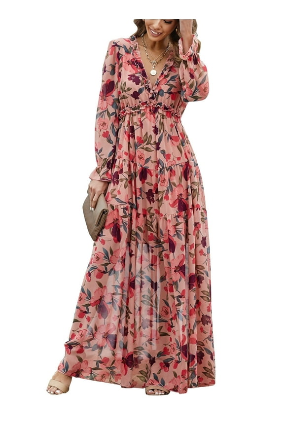 Women's Red Floral Maxi Dresses Casual Deep V Neck Long Sleeve Evening Dress Cocktail Party Dress for Women, US 12-14(L)