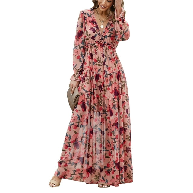 Dokotoo Women's Red Floral Maxi Dresses Casual Deep V Neck Long Sleeve ...