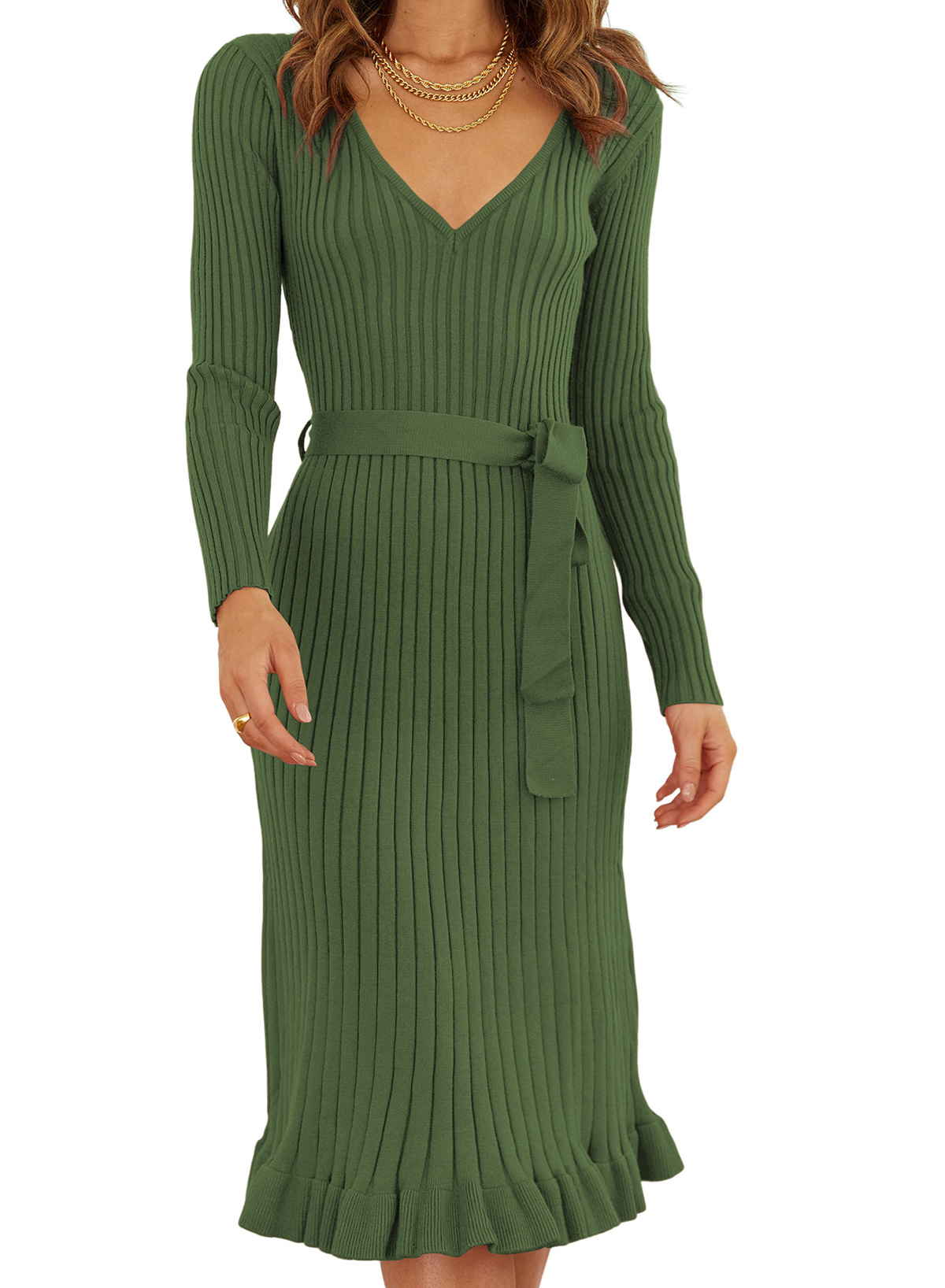 Dokotoo Women's Ribbed Sweater Dress V Neck Long Sleeve Ruffled Elegant