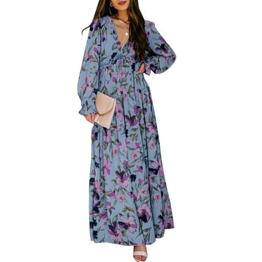 DOKOTOO Women's Sky Blue Floral Maxi Dresses Casual Deep V Neck Long Sleeve Evening Dress Cocktail Party Dress for Women, US 12-14(L)