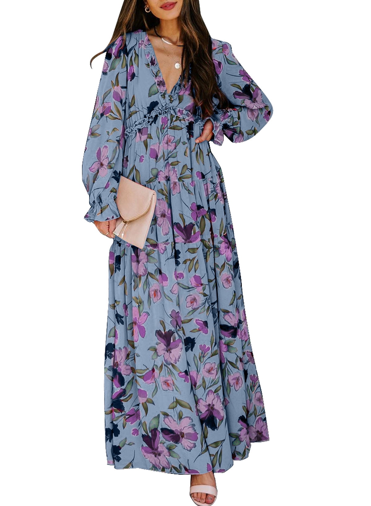 Dokotoo Women's Sky Blue Floral Maxi Dresses Casual Deep V Neck Long Sleeve Evening Dress Cocktail Party Dress for Women, US 16-18(XL) - image 1 of 8