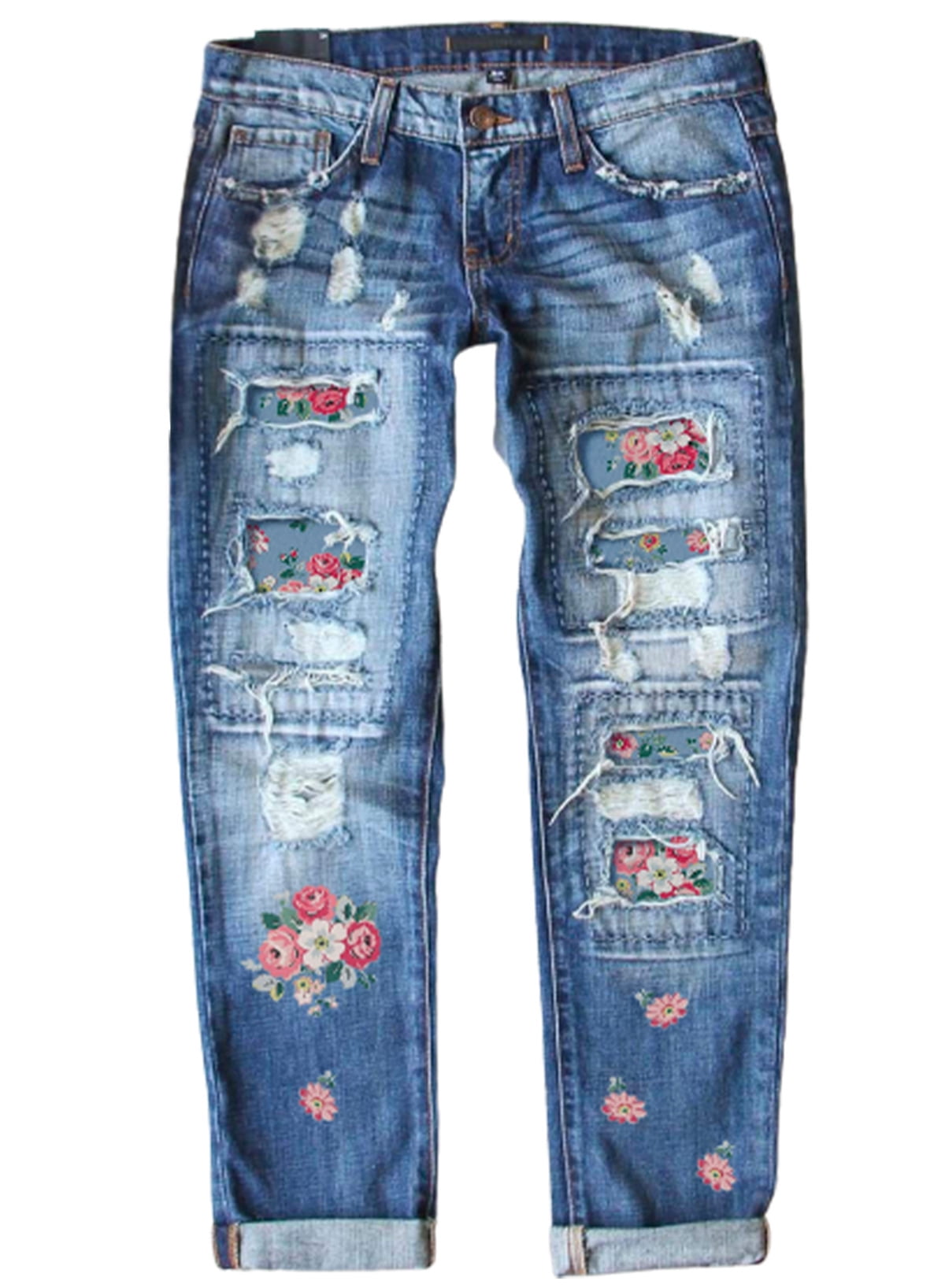 Vintage-style women's water-washed distressed pants with slit at the hem, made of denim fabric.