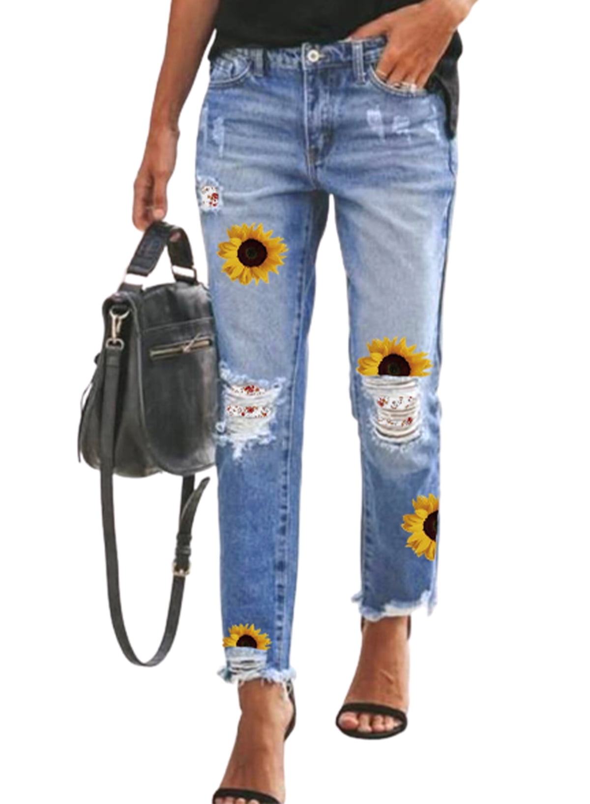 Dokotoo Women's Sunflower Printed Denim Pants Casual Patch Ripped