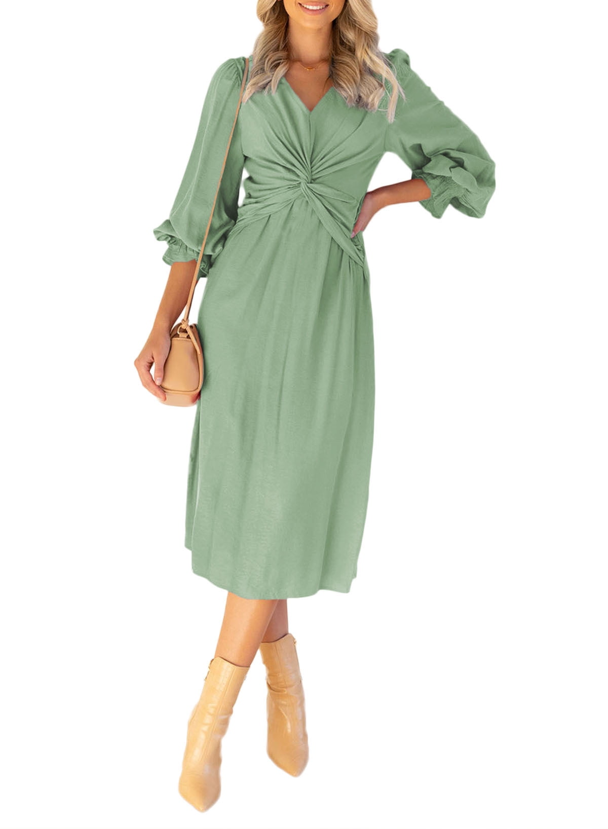 Dokotoo Women's V Neck Midi Dress Casual Ruffled Long Sleeve Back