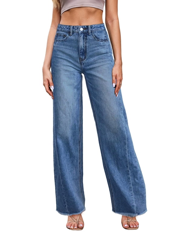 Women's Wide Leg Jeans High Waisted Loose Fit Strechy Comfort Raw Hem Frayed Denim Pants