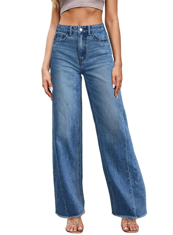 Women's Wide Leg Jeans High Waisted Loose Fit Strechy Comfort Raw Hem Frayed Denim Pants