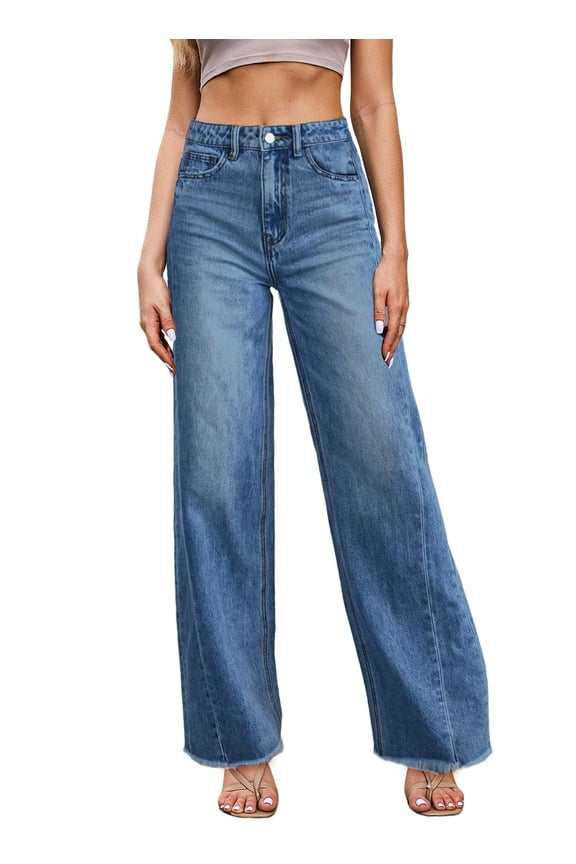 Women's Wide Leg Jeans High Waisted Loose Fit Strechy Comfort Raw Hem Frayed Denim Pants