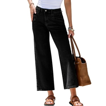 Dokotoo Women's Wide Leg Jeans High Waisted Stretchy Jeans Straight Leg Cropped Ankle Denim Pants with Slant Pockets