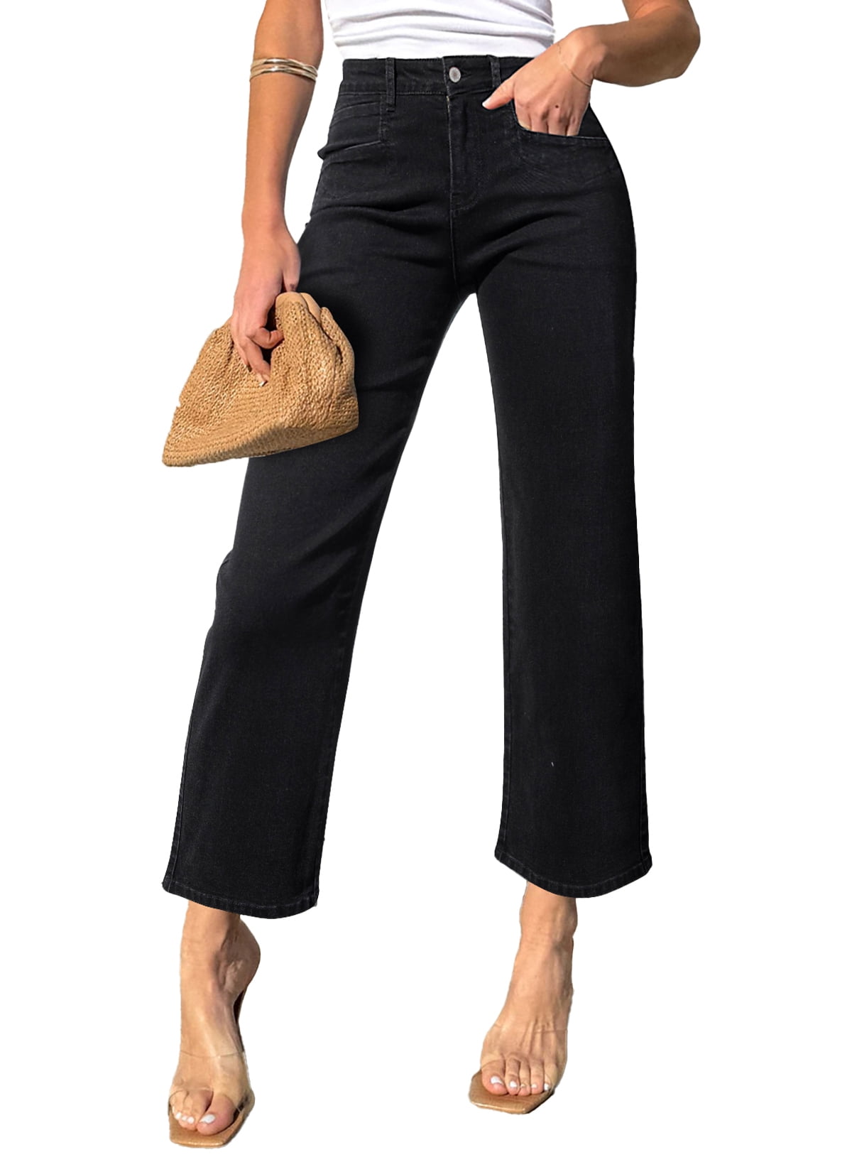 Dokotoo Women's Wide Leg Jeans High Waisted Stretchy Jeans Straight Leg Cropped Ankle Denim Pants with Slant Pockets