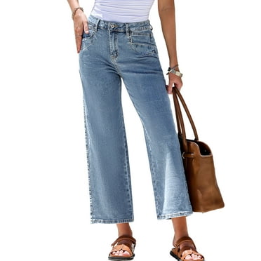Dokotoo Women's Wide Leg Jeans High Waisted Stretchy Jeans Straight Leg Cropped Ankle Denim Pants with Slant Pockets