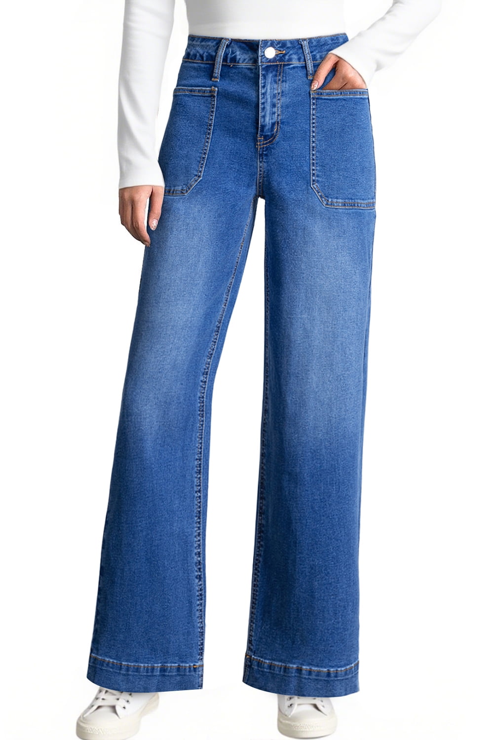 Women's Wide Leg Jeans High Waisted Vintage Stretchy Loose Denim Pants with Big Pockets