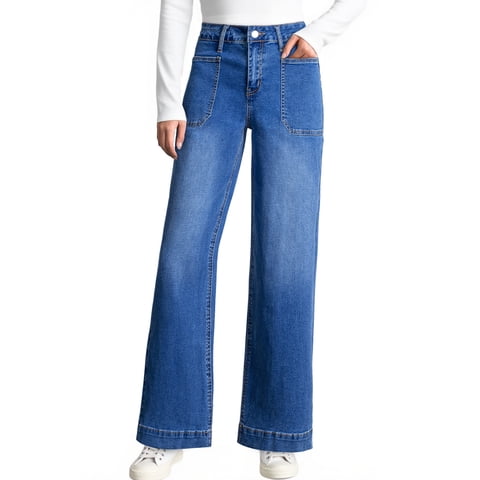 Women's Wide Leg Jeans High Waisted Vintage Stretchy Loose Denim Pants with Big Pockets