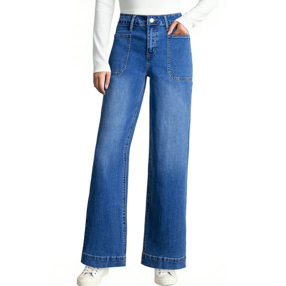 DOKOTOO Women's Wide Leg Jeans High Waisted Vintage Stretchy Loose Denim Pants with Big Pockets