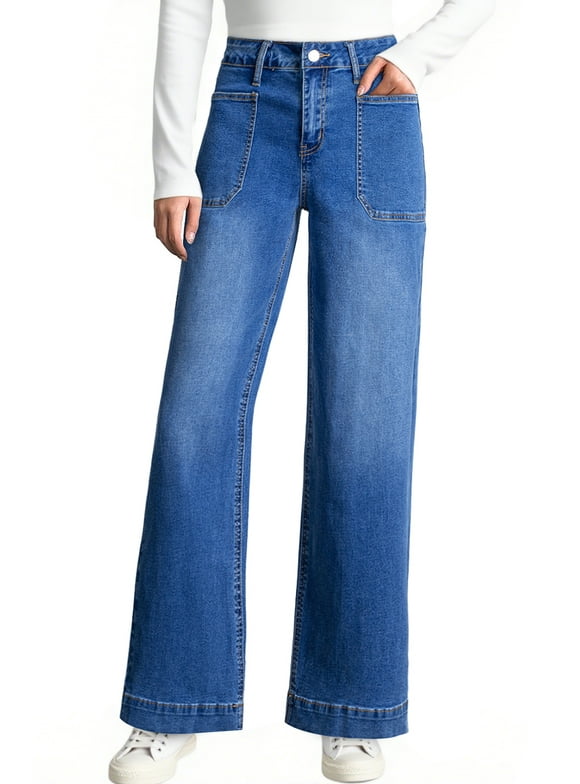 Women's Wide Leg Jeans High Waisted Vintage Stretchy Loose Denim Pants with Big Pockets