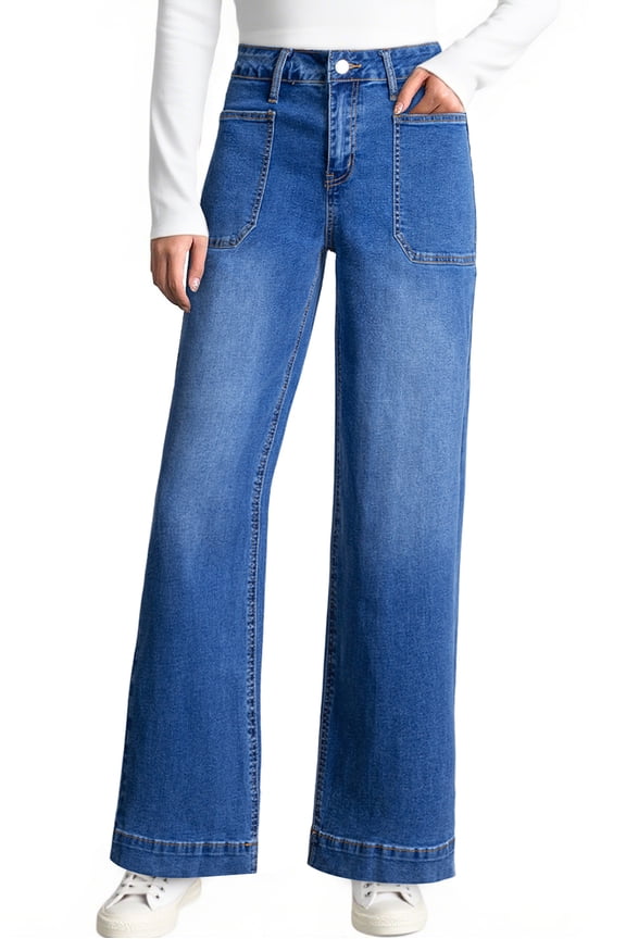 Women's Wide Leg Jeans High Waisted Vintage Stretchy Loose Denim Pants with Big Pockets