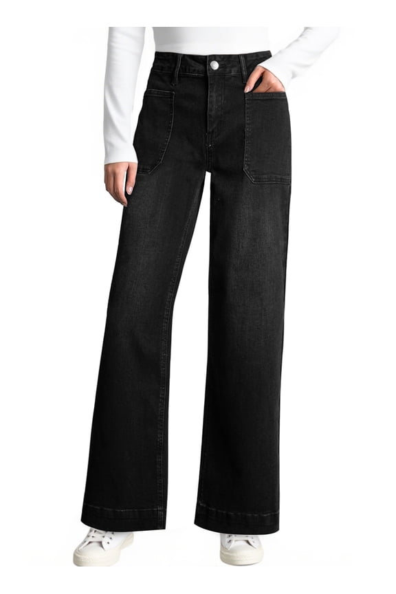 Womens Wide Leg Jeans Summer Casual Big Pockets Fashion High Waisted Stretchy Loose Denim Pants