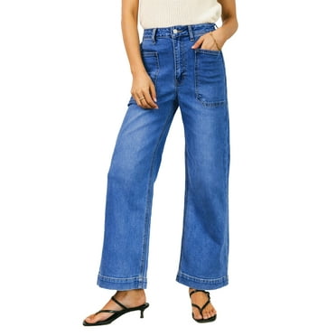 DOKOTOO Women's Wide Leg Jeans High Waisted Vintage Stretchy Loose Denim Pants with Big Pockets