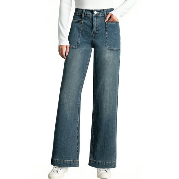 DOKOTOO Women's Wide Leg Jeans High Waisted Vintage Jeans for Women Stretchy Loose Denim Pants with Big Pockets