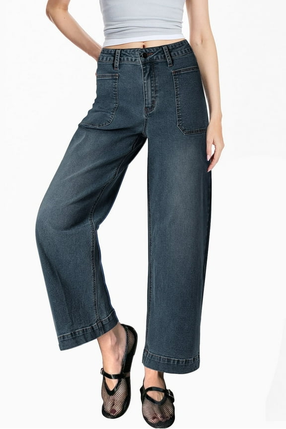 Women's Wide Leg Jeans Boyfriend High Waisted Vintage Stretchy Loose Denim Pants with Big Pockets