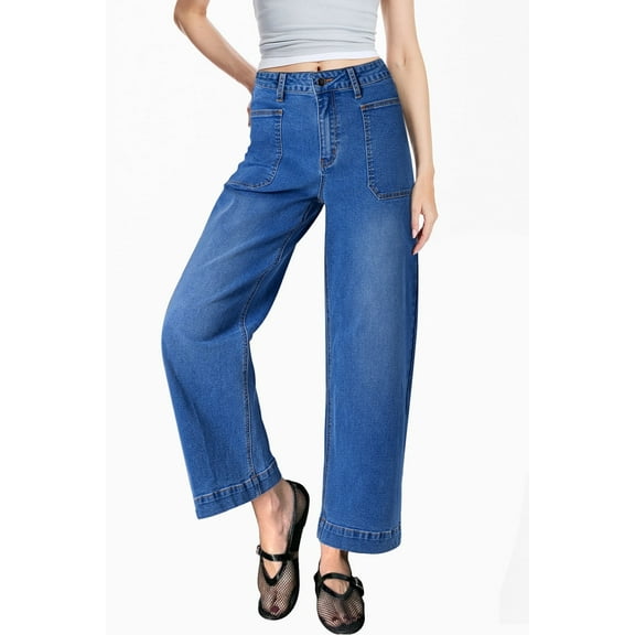 DOKOTOO Women's Wide Leg Jeans High Waisted Vintage Stretchy Loose Denim Pants with Big Pockets