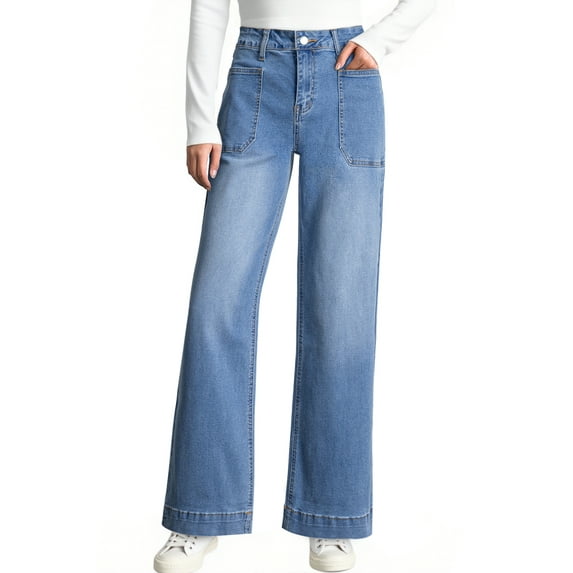 DOKOTOO Women's Wide Leg Jeans High Waisted Vintage Stretchy Loose Denim Pants with Big Pockets