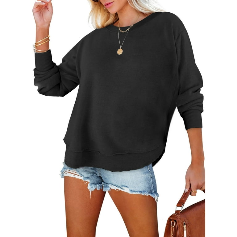 Dokotoo Womens Athletic Sweatshirt Casual Crewneck Long Sleeve Side Split Hem Solid Color Fall Sweatshirts Pullover Tops Black XL US16 18