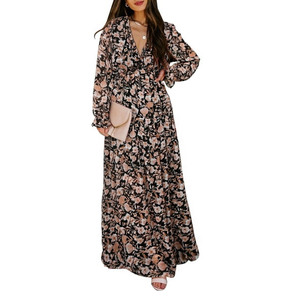 DOKOTOO Womens Black Deep V-neck Dress Fashion Floral Print Long Sleeve Maxi Dresses Casual Loose High Waist Fall Dress Party Cocktail Dresses, US 4-6(S)