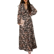 Dokotoo Womens Blue Boho Floral Maxi Dresses Spring Autumn Chiffon Maxi Dresses Sexy V Neckline Ruffled Layered Long Sleeve Fall Dress Evening Cocktail Dresses, US 12-14(L)