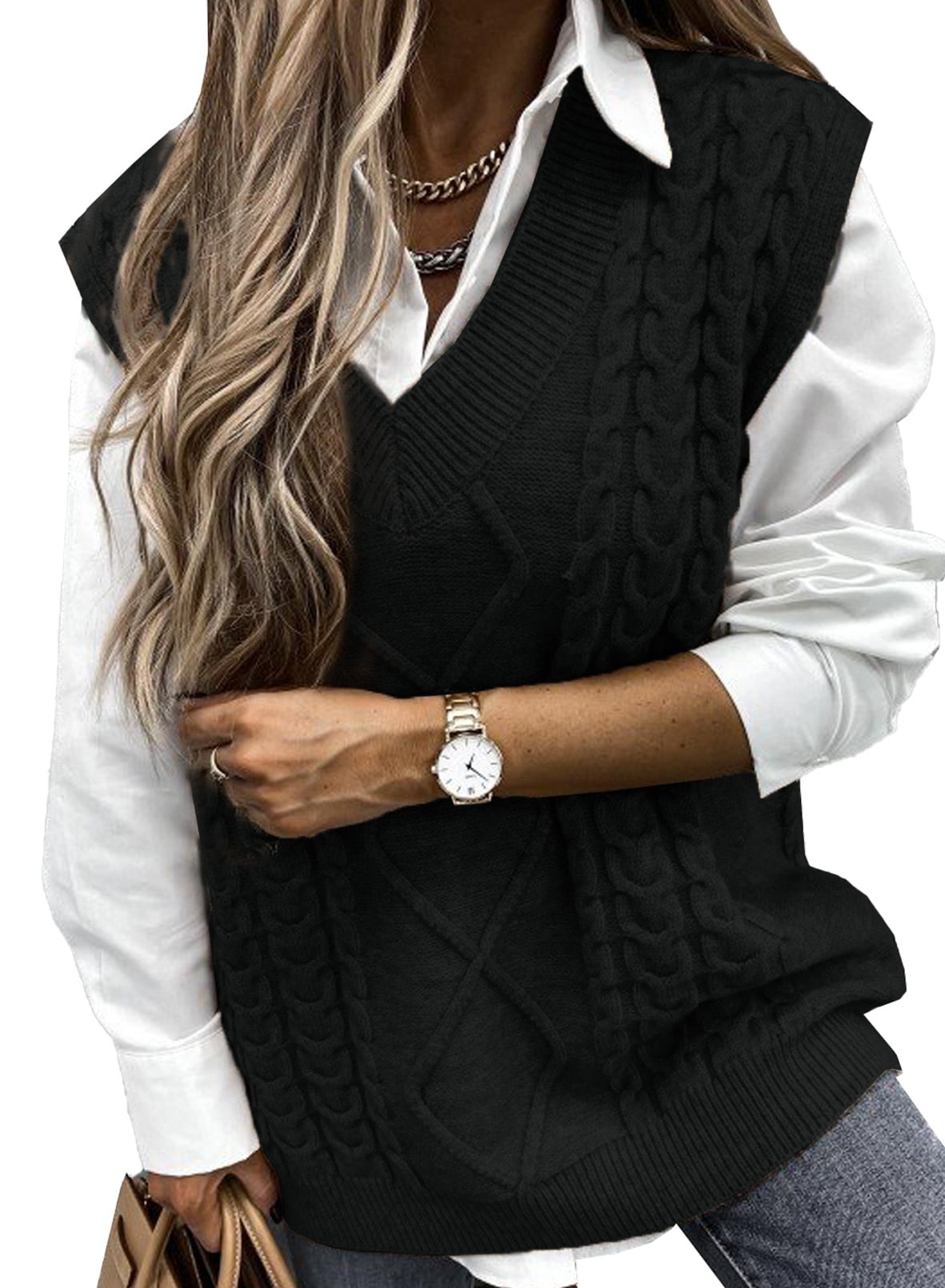 Dokotoo Womens Black Sweater Vest Women Plus Size Cable Sweaters Loose