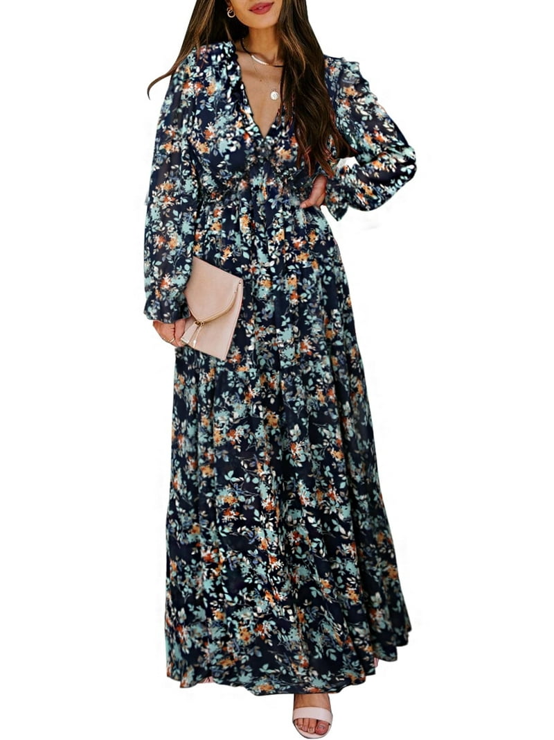Dokotoo Womens Bohemian Blue Floral Maxi Dresses, Flowy Chiffon V Neckline,  Long Sleeve (US 12-14L) - Walmart.com