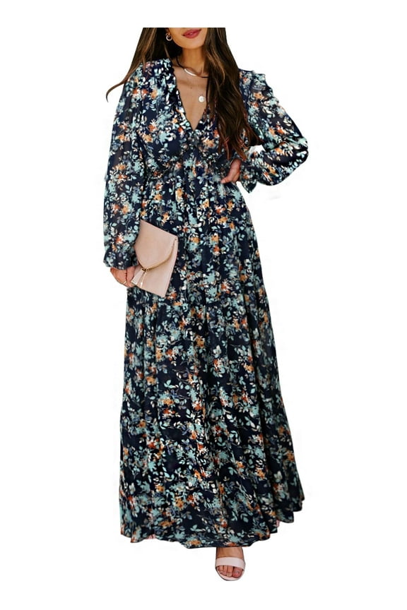 Womens Blue Boho Floral Maxi Dresses Spring Autumn Chiffon Maxi Dresses Sexy V Neckline Ruffled Layered Long Sleeve Fall Dress Evening Cocktail Dresses, US 12-14(L)