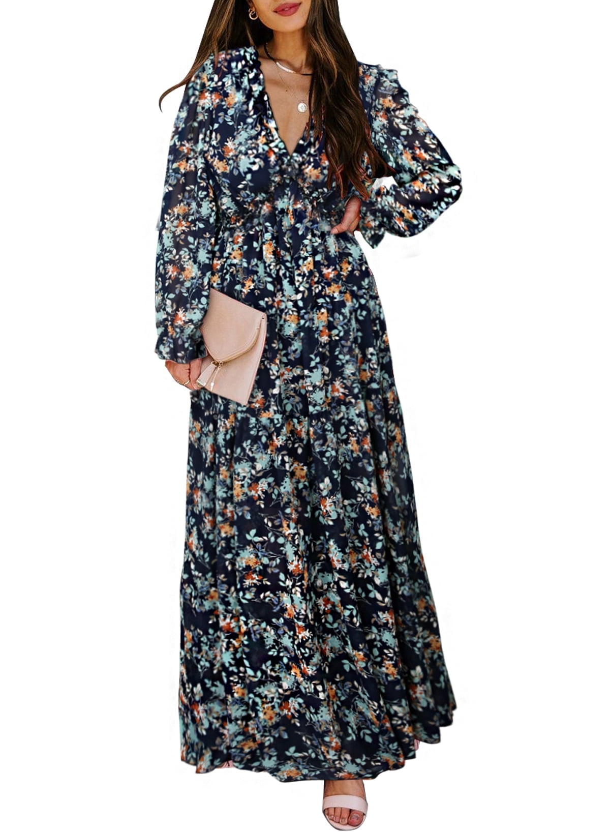 Dokotoo Womens Blue Boho Floral Maxi Dresses Spring Autumn Chiffon Maxi ...
