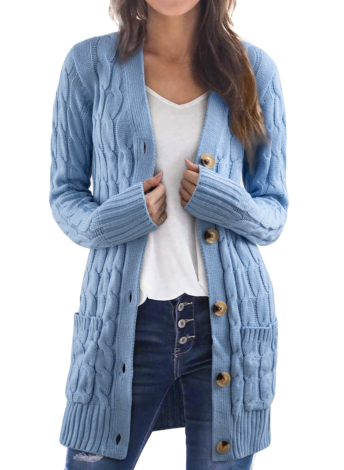 Fog Blue Knit Gold Button-Down Long Sleeve Cardigan Sweater main image 1
