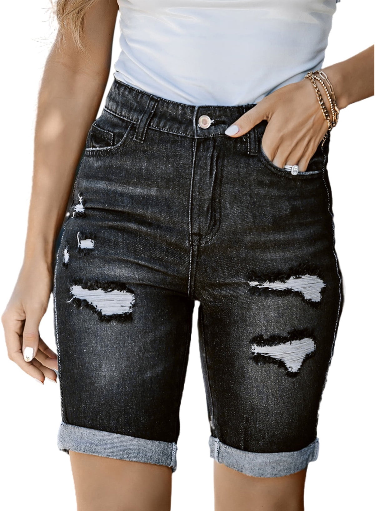 Frayed denim bermuda shorts sale