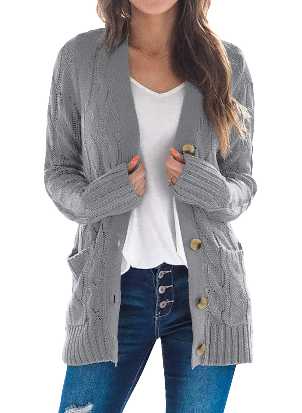 Dokotoo Womens Gray Chunky Cable Knit Casual Cardigan Solid Color ...