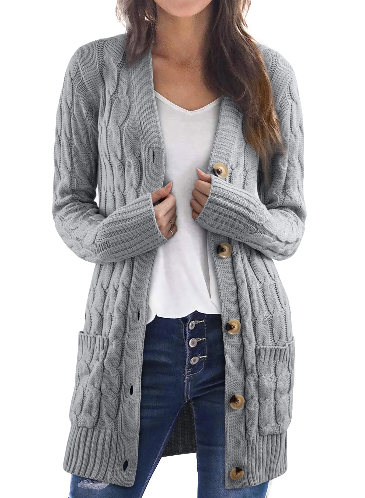 DOKOTOO Womens Cable Knit Cardigan with Pockets Button Down Gray Chunky Cardigans Open Front Loose Plus Size Sweater Outerwear for Work Spring Fall Winter Size Large US 12-14
