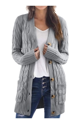 Womens Cable Knit Cardigan with Pockets Button Down Gray Chunky Cardigans Open Front Loose Plus Size Sweater Outerwear for Work Spring Fall Winter Size Large US 12-14
