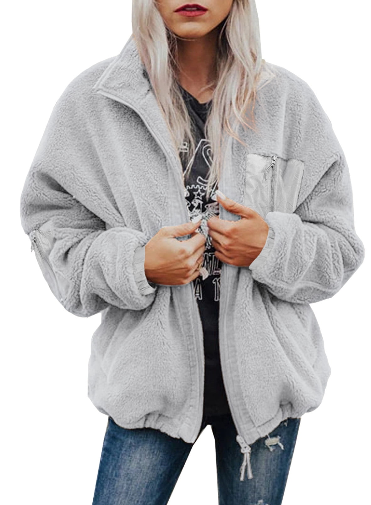 Dokotoo Womens Gray Winter Fleece Sherpa Coat with Pockets Winter