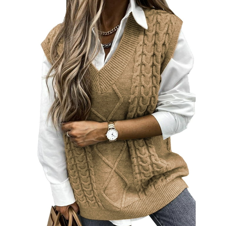 Dokotoo Womens Khaki Sleeveless Knitted Sweater Vest Cable Knit
