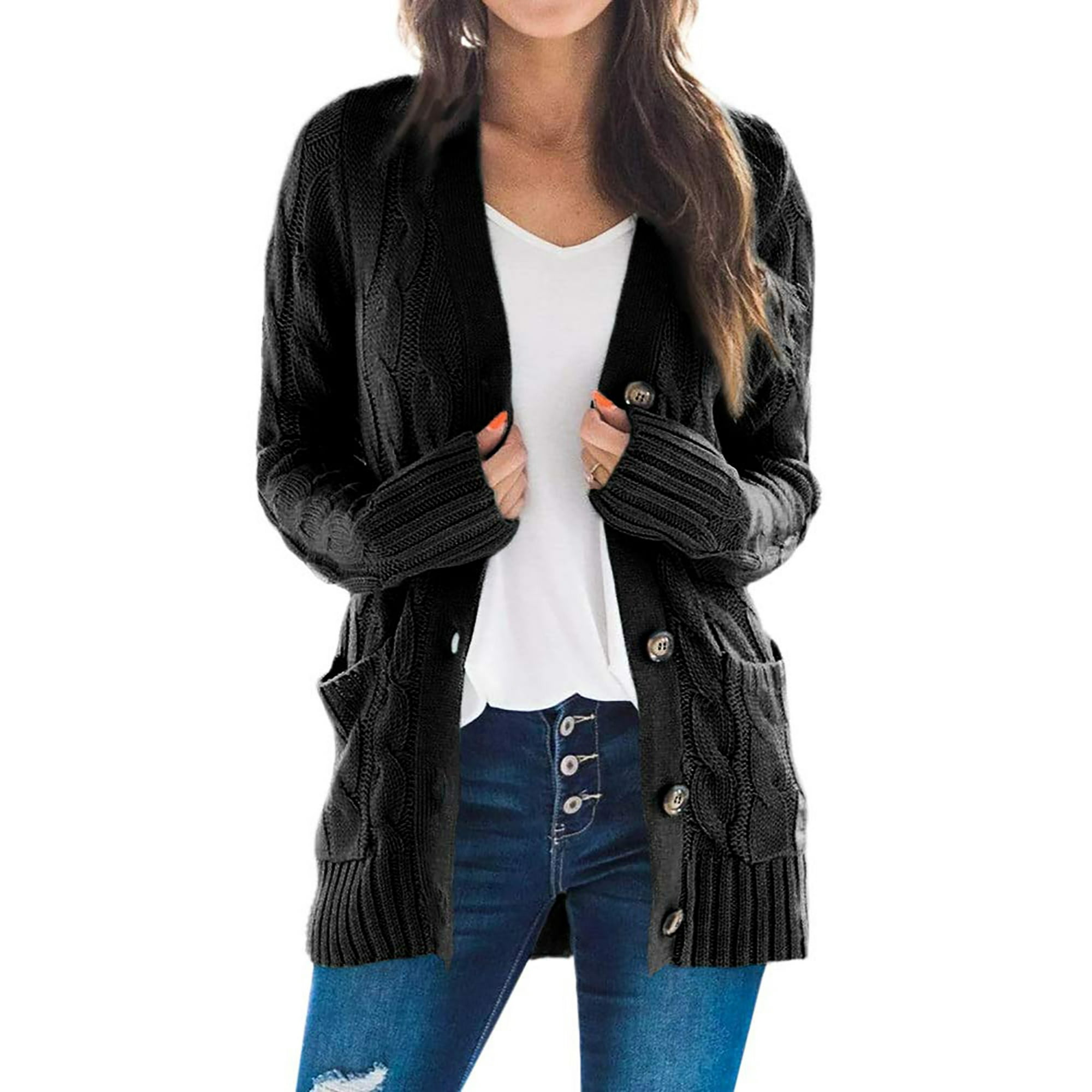 Dokotoo Womens Long Sleeve Cable Cardigans Button Down Cardigan Plus Size Black Cardigans Pockets Walmart.com