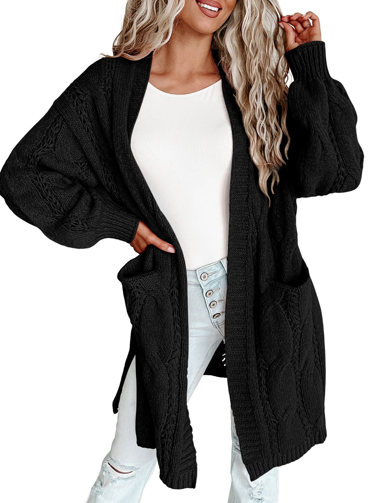 Shineflow Women's Long Cable Knit Cardigan - Knee Length Open Front Sweater With Pockets
